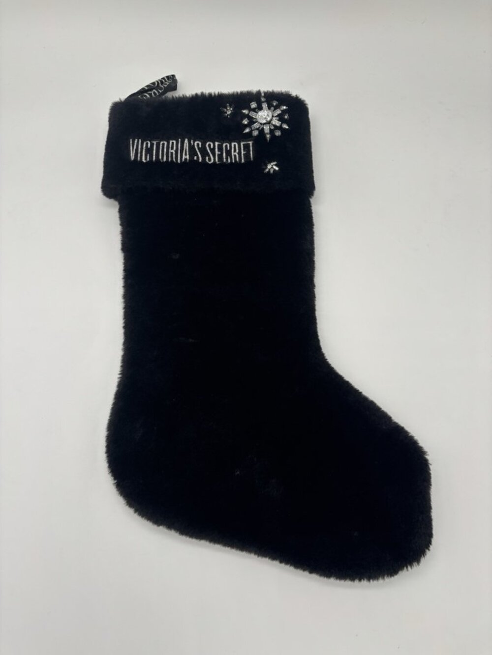 Victorias Secret Black Faux Fur Bedazzled Christmas Stocking 17"